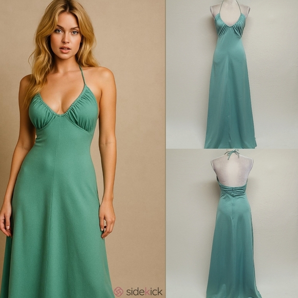 Vintage Dresses & Skirts - Infinity Vintage 60s Seafoam Green Stretchy Fabric Low Back Halter Maxi Dress